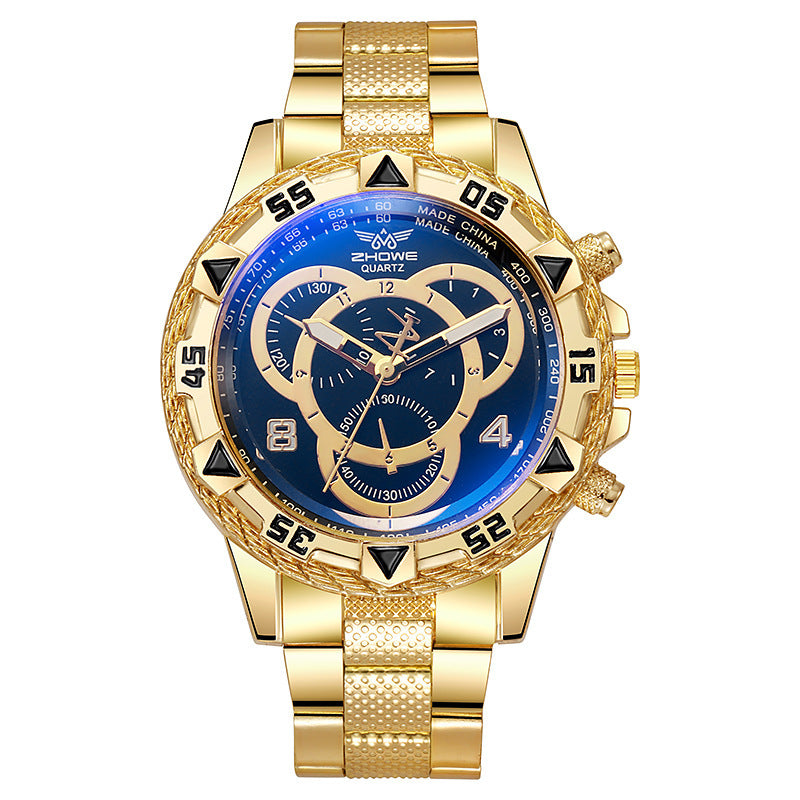 Gold wristwatch with a blue face on a white background