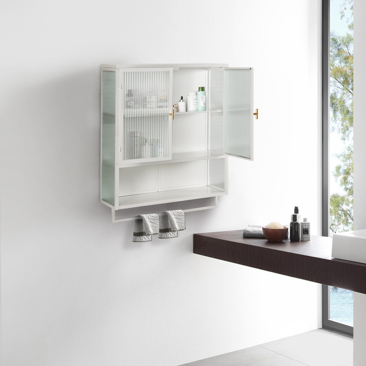 Modern Two-Door Wall Cabinet with Glass Doors and Open Shelf – Stylish & Functional