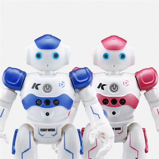 Two toy robots with blue and pink accents on a white background