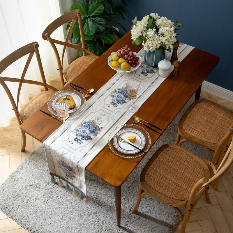 Chenille Tassel Table Runner – Modern Polyester Table Decor