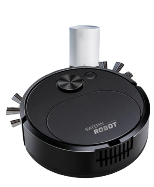 Robotic vacuum cleaner with text about cleaning for the home on a light blue background