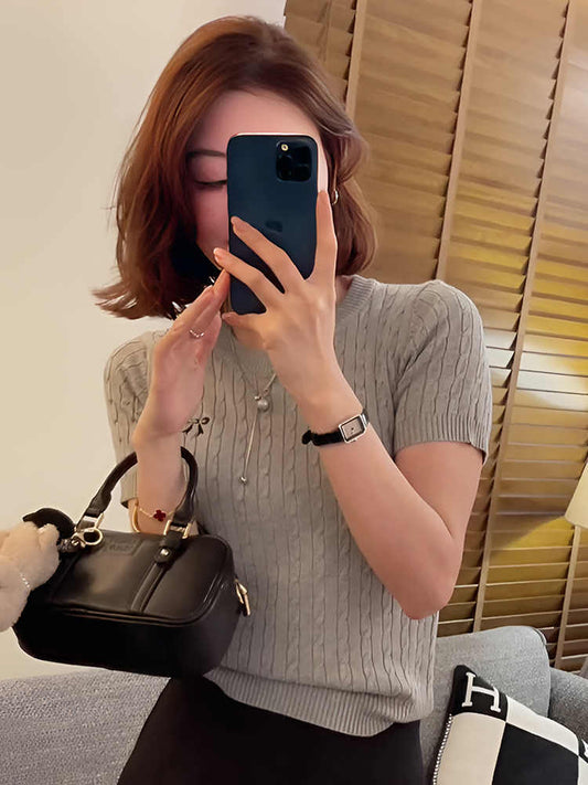 All-Matching Pullover Bow Embroidery Twist Knitted Short Sleeve for Ondaum