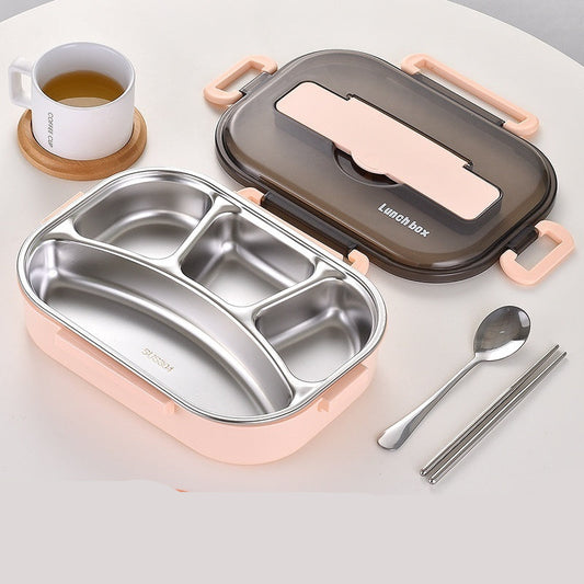 Pink lunch box with compartments, spoon, and chopsticks on a white surface