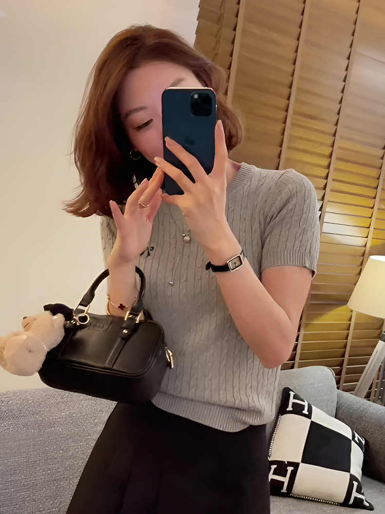 All-Matching Pullover Bow Embroidery Twist Knitted Short Sleeve for Ondaum