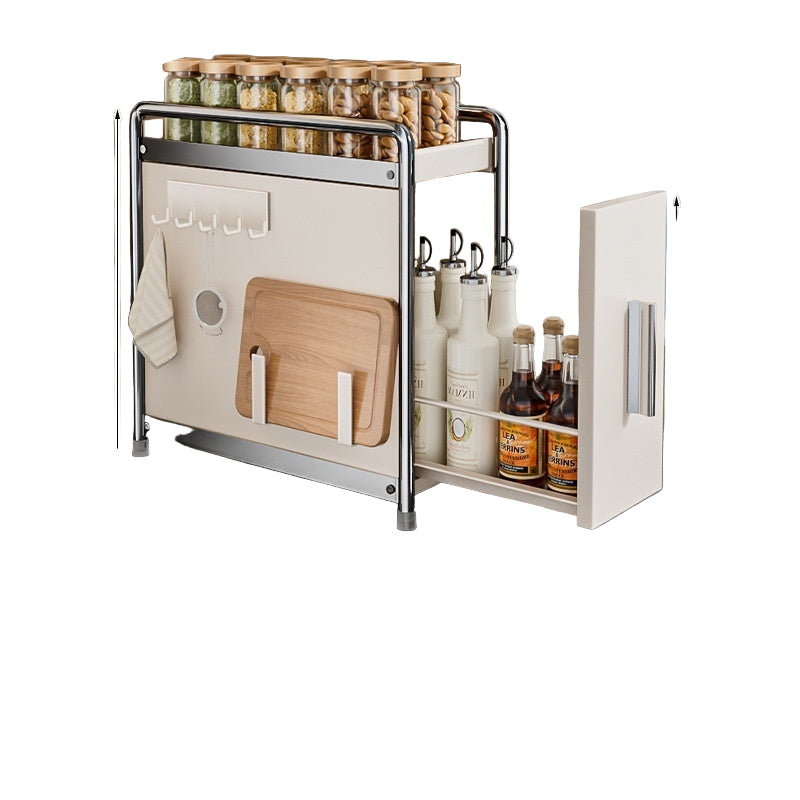 Pull-out spice cabinet with height measurements and product details on a kitchen counter.