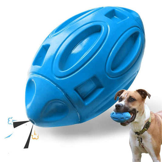 Blue dog toy with a dog holding it, featuring the Zoomie Pets brand.