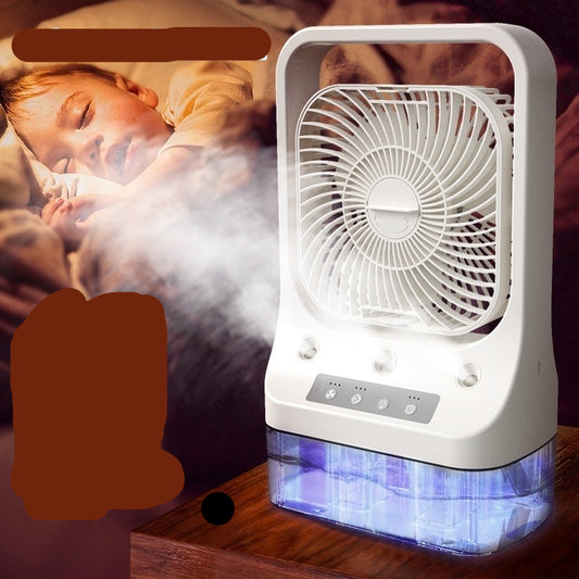 Air cooler fan with mist feature on a table, used to cool a person lying down.