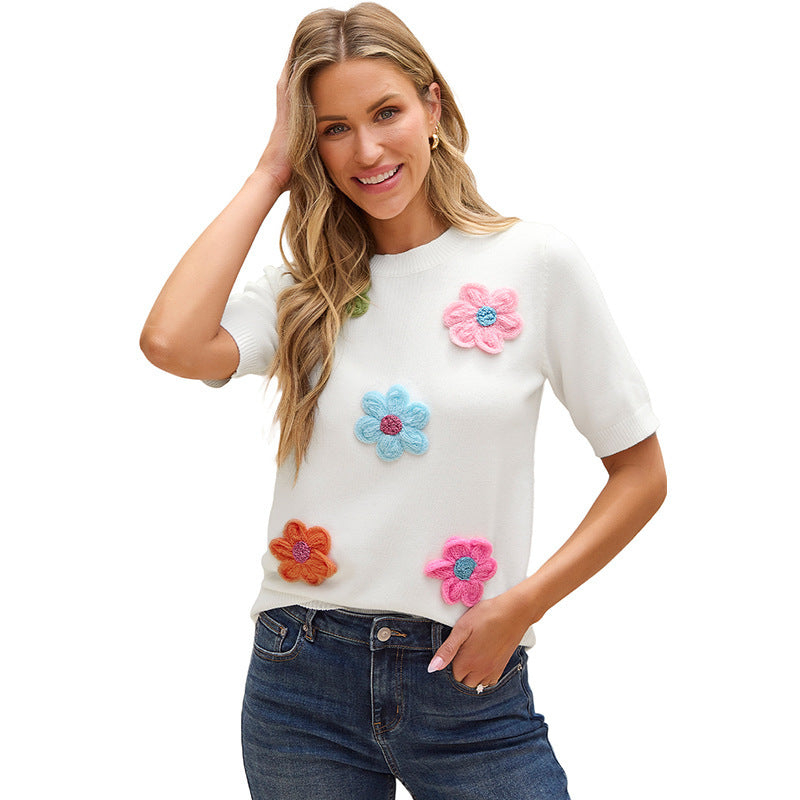 Ondaum Three-Dimensional Flower Decoration Half-Sleeve Knitted Top