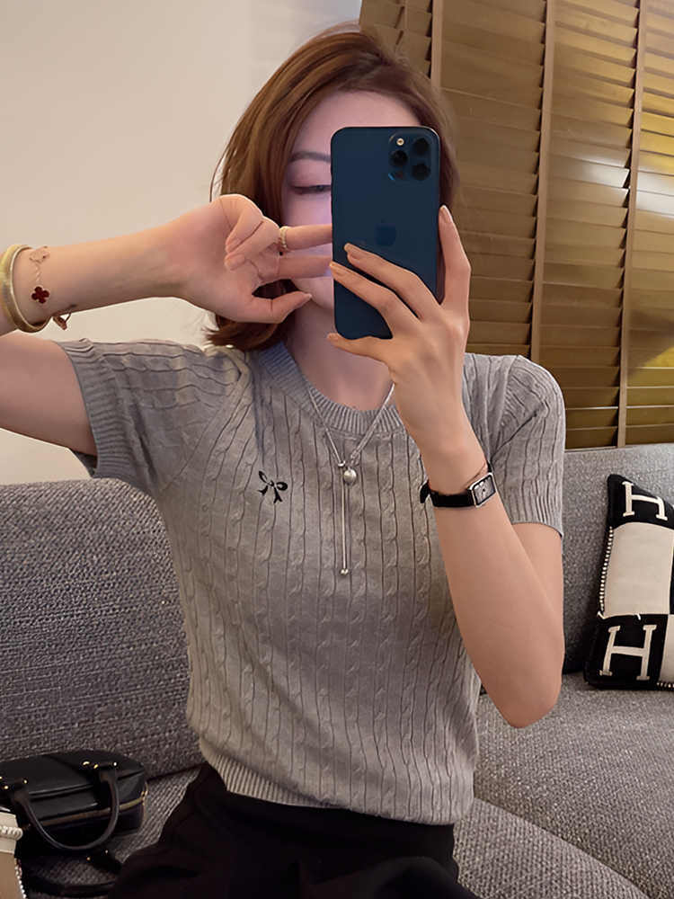 All-Matching Pullover Bow Embroidery Twist Knitted Short Sleeve for Ondaum