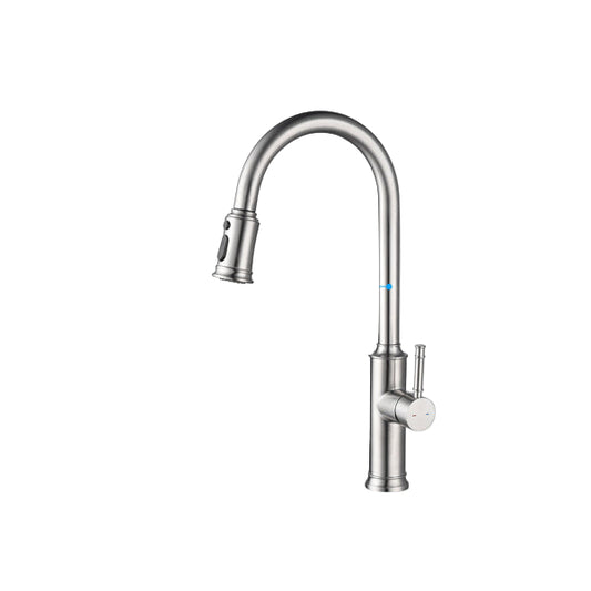 Stainless steel kitchen faucet with dimensions labeled on a white background