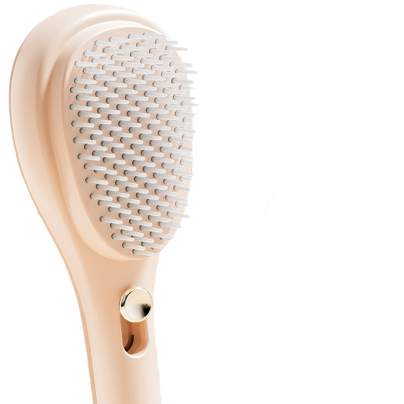 Hair care brush with text about black technology and features on a decorative background