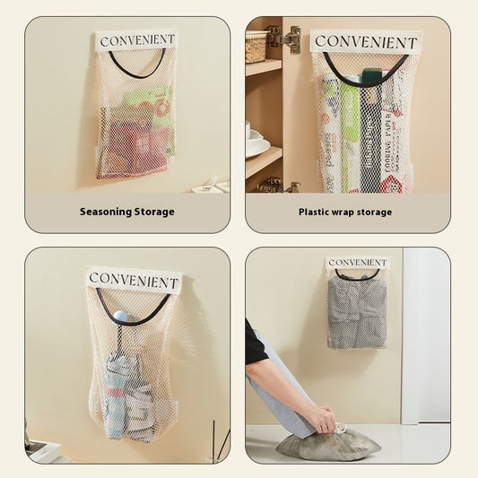 Four panel collage showing a mesh storage bag used for seasoning, plastic wrap, and other items on a kitchen counter.