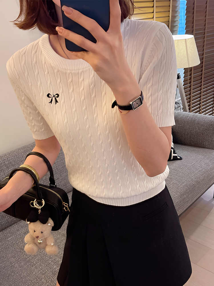 All-Matching Pullover Bow Embroidery Twist Knitted Short Sleeve for Ondaum