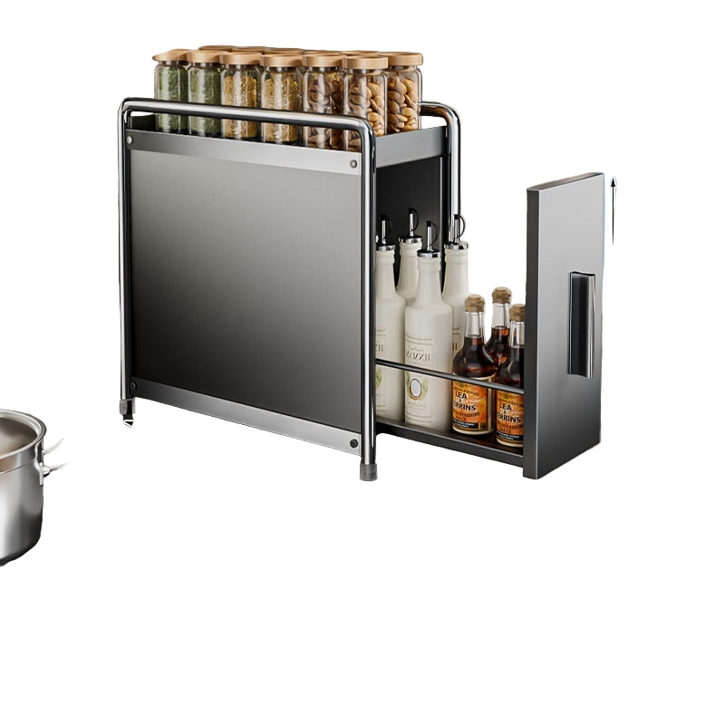 Pull-out spice cabinet with height measurements and product details on a kitchen counter.