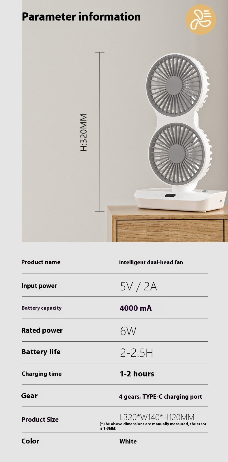 Ondaum Multi-Functional Dual Head Ultra Endurance Small Fan