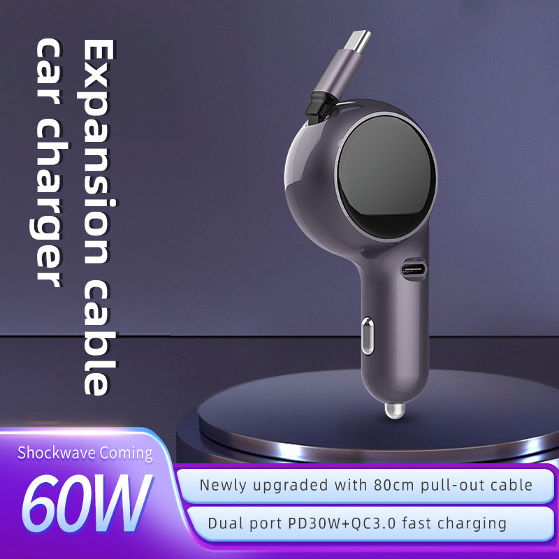120W Super Fast Car Charger with Retractable Cable