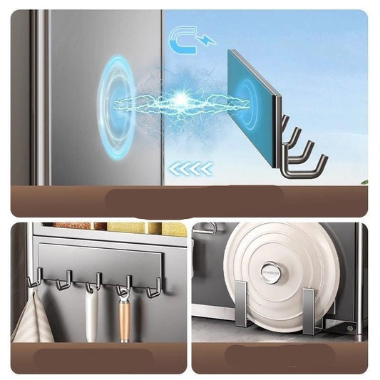 Magnetic kitchen organizer with hooks and cutting board rack, showing strong magnetic force.