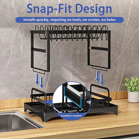 2 Tier Rustproof Dish Rack with Drainboard and Utensil Holder – Black