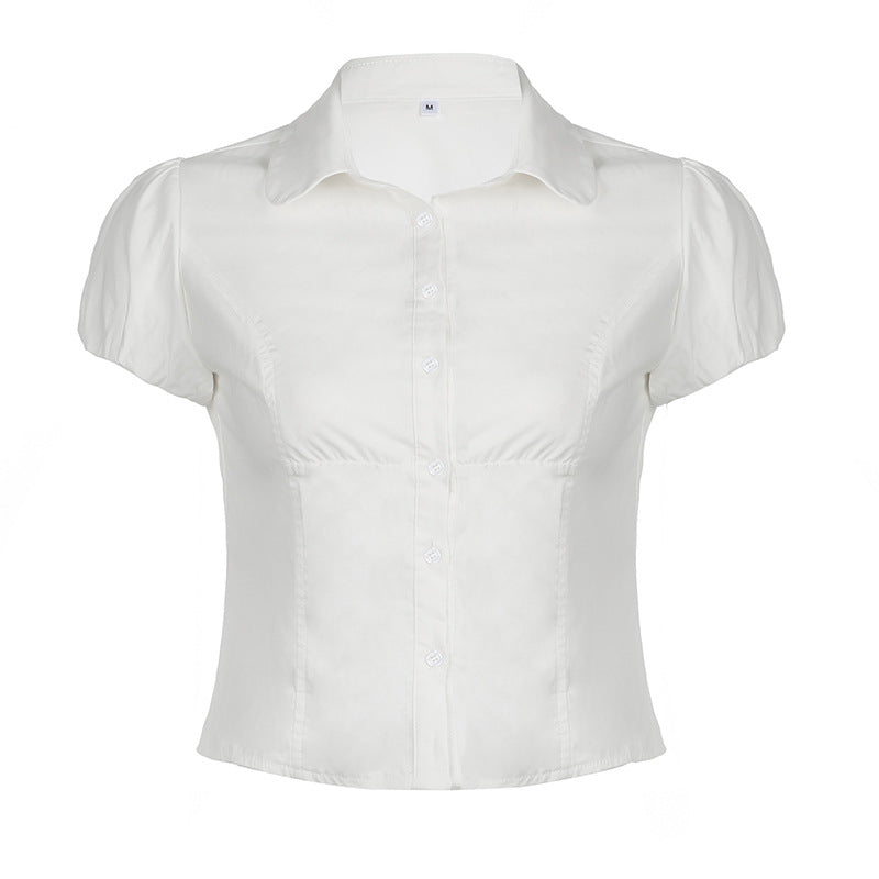 Solid Color Simple Waist Fitted Puff Sleeve Polo Shirt for Ondaum