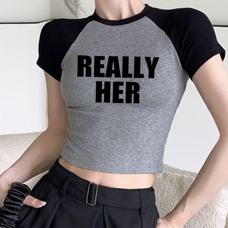 Fashion Letter Pattern Printed Short Top Navel T-shirt for Ondaum