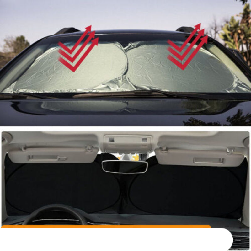 Car sunshades on a car's windshield with red logo, followed by a close-up of the car's interior.