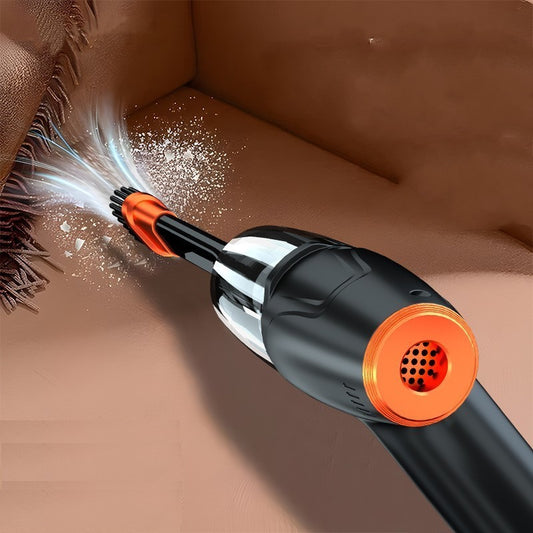 Cleaning tool with bristles cleaning a brown fabric surface