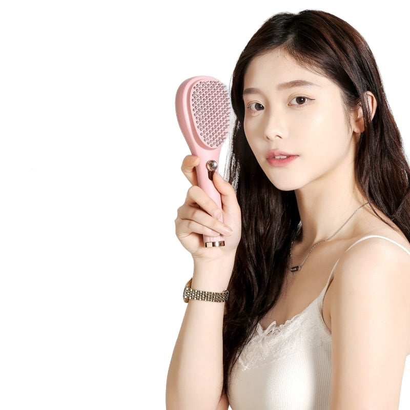 Woman holding a pink hairbrush with text on a blue background