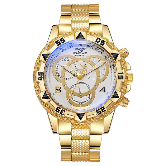 Gold wristwatch with a detailed face on a white background
