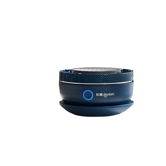 Blue electronic device with a brand logo on a white background