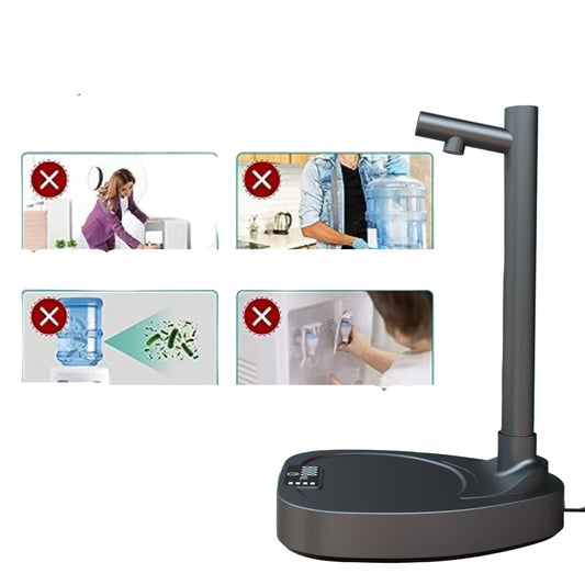 Black water dispenser with text about drinking water convenience on a light blue background