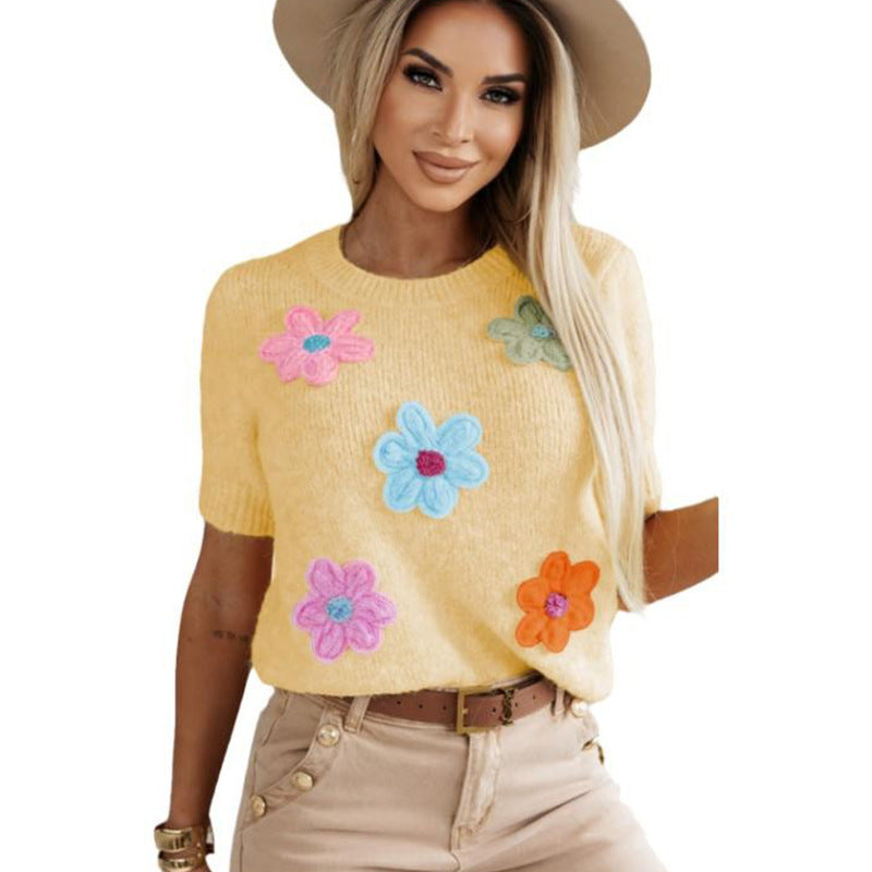 Ondaum Three-Dimensional Flower Decoration Half-Sleeve Knitted Top