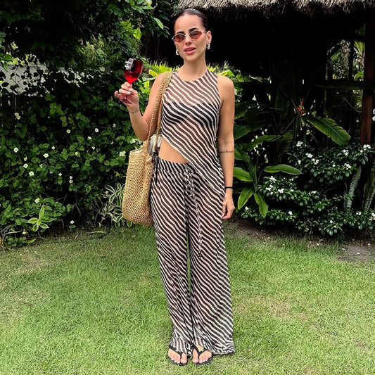 Women's Sleeveless Diagonal Stripes See-through Irregular Top Suit