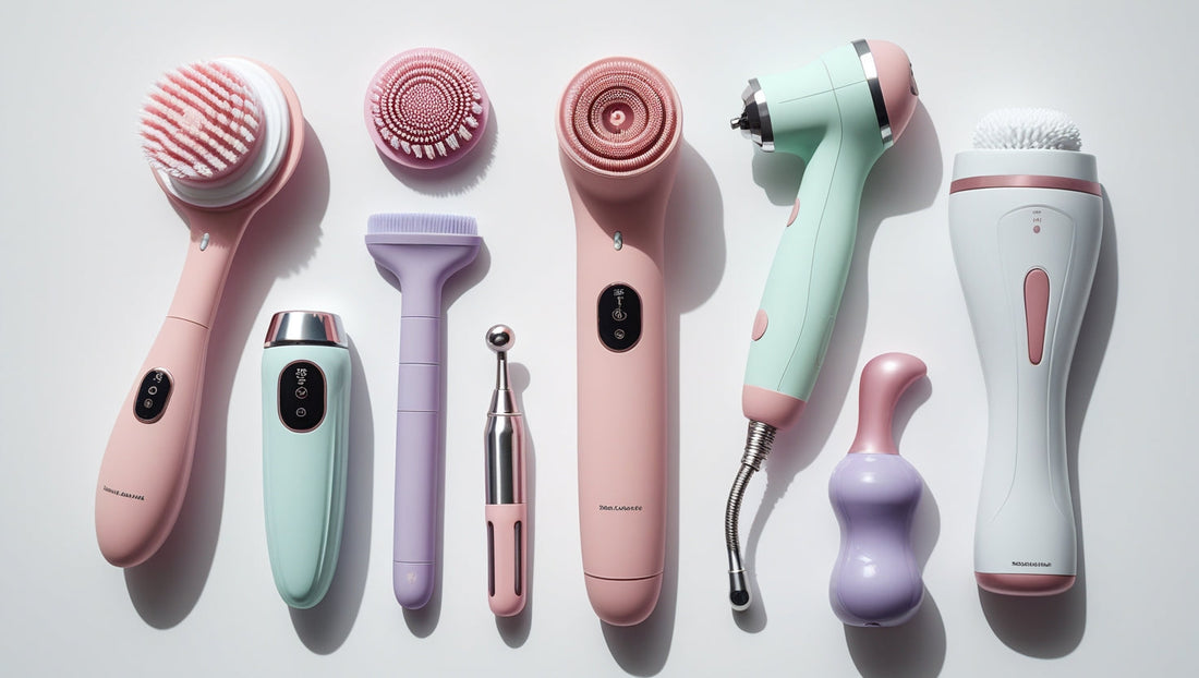Flat lay of beauty and personal care tools including a silicone facial brush, scalp massager, nail drill, and portable massager in soft pastel colors on a white background – available at Ondaum.kr