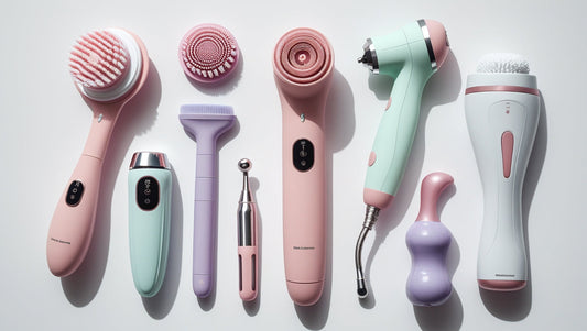 Flat lay of beauty and personal care tools including a silicone facial brush, scalp massager, nail drill, and portable massager in soft pastel colors on a white background – available at Ondaum.kr