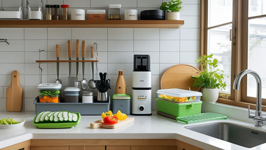 A clean kitchen countertop displaying vegetable slicers, silicone spatulas, and cooking utensils available at Ondaum.kr