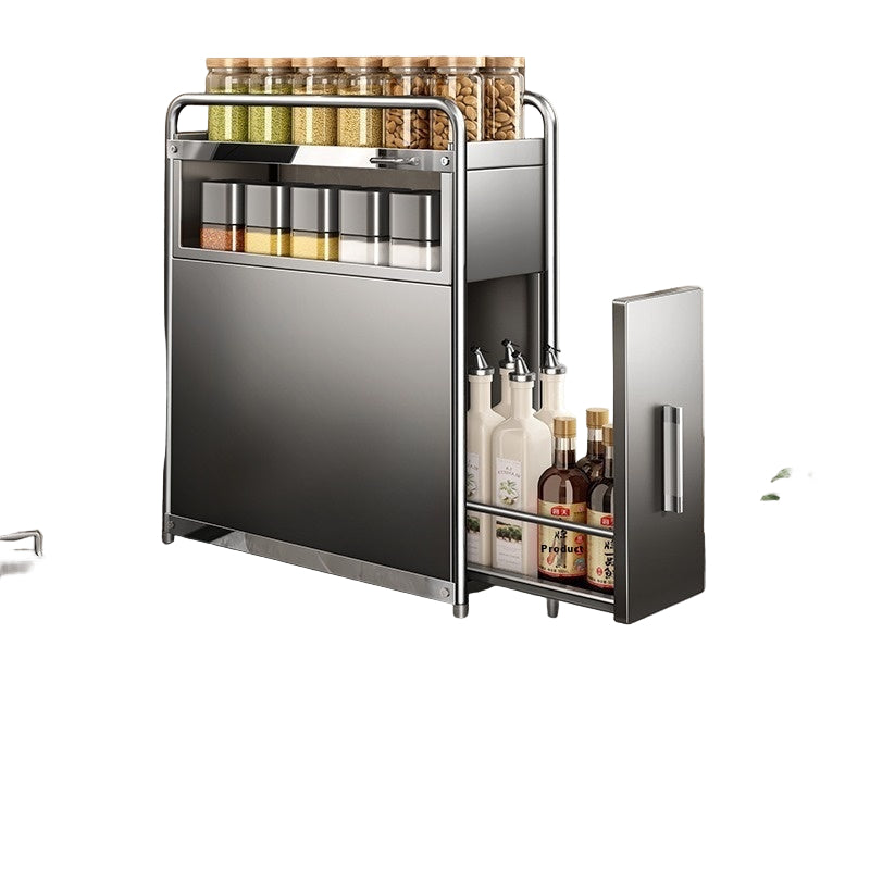 Pull-out spice cabinet with height measurements and product details on a kitchen background.