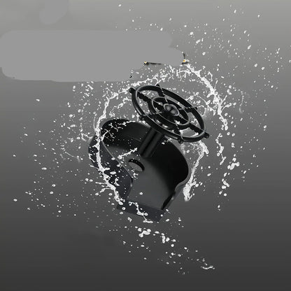 High pressure water jet nozzle with water splashes on a gray background, text indicating quick rinsing capabilities.