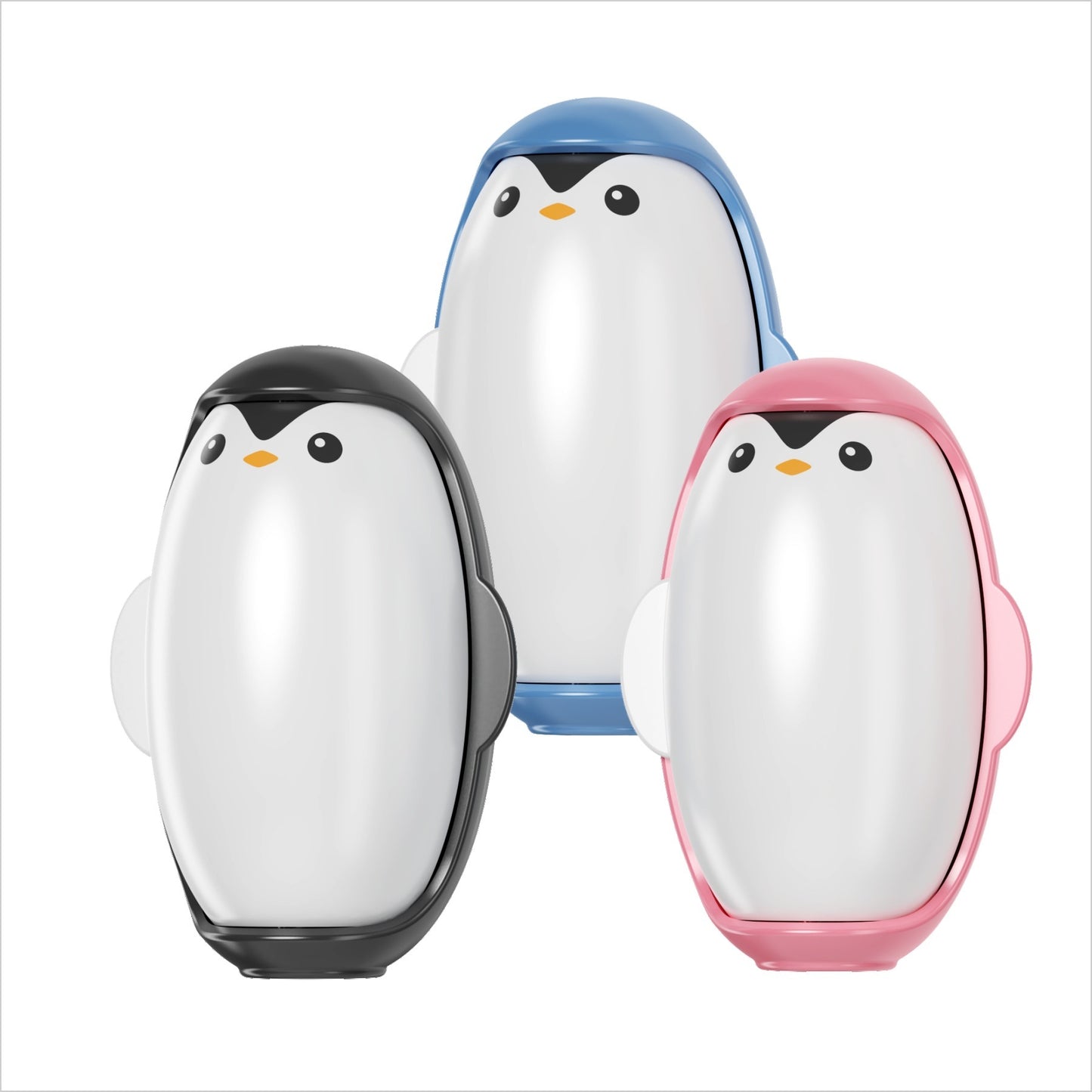 Three penguin-shaped containers with different colored hats on a white background