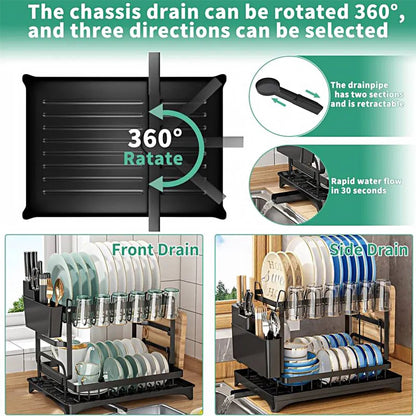 2 Tier Rustproof Dish Rack with Drainboard and Utensil Holder – Black