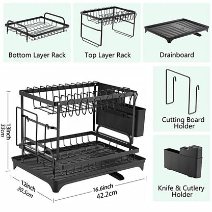 2 Tier Rustproof Dish Rack with Drainboard and Utensil Holder – Black