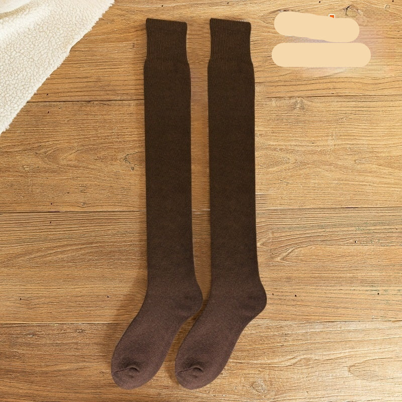 Dark brown knee-high socks on a wooden surface with 'Dark Brown' text.