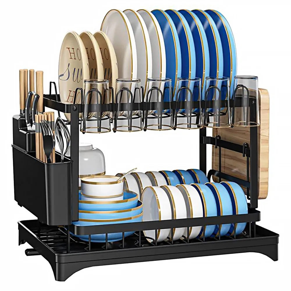 2 Tier Rustproof Dish Rack with Drainboard and Utensil Holder – Black