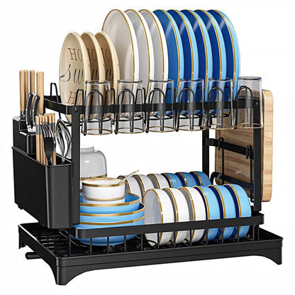 2 Tier Rustproof Dish Rack with Drainboard and Utensil Holder – Black