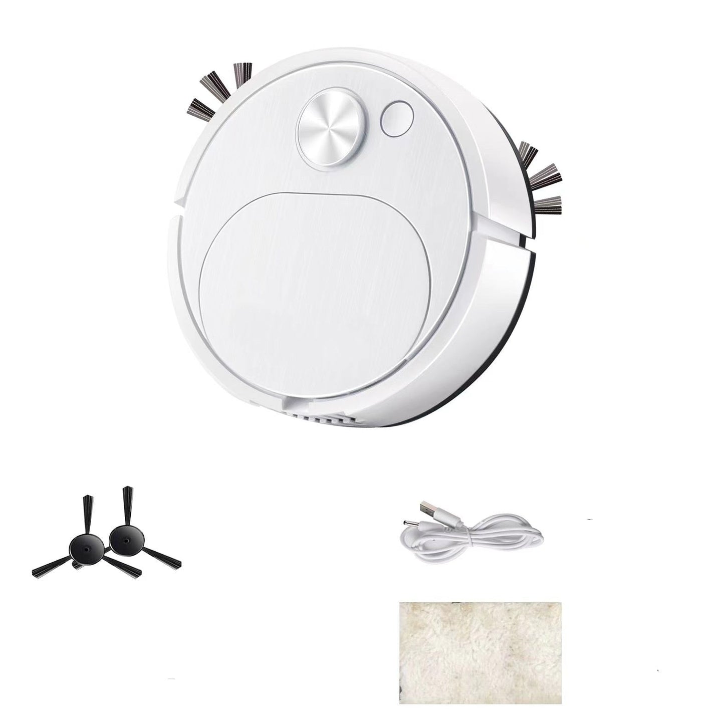 Robotic vacuum cleaner with wear-resistant brush, charging cable, and watericking mat on a white background