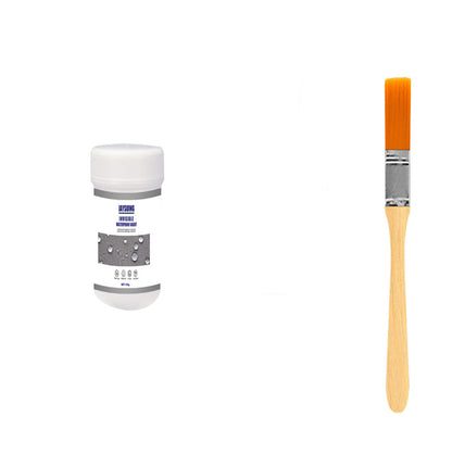 Paintbrush with orange handle and white bristles next to a small container on a white background