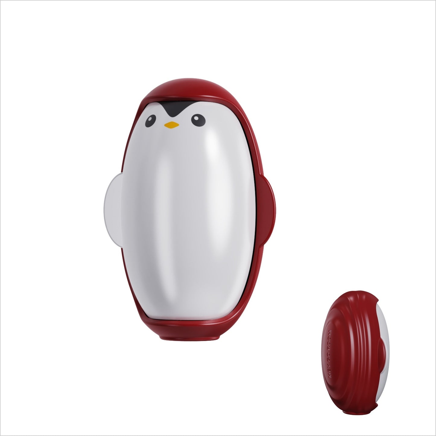 Penguin-shaped hand warmer with a white body and red shell on a white background