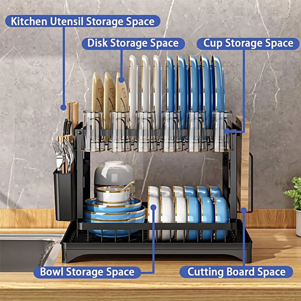 2 Tier Rustproof Dish Rack with Drainboard and Utensil Holder – Black
