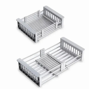 Adjustable Immersion Sink Dish Drying Rack With Stainless Steel Drain Basket - Portable And Retractable Space-Saving Fruit And Vegetable Solution