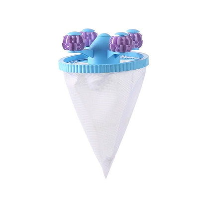 Blue ice cream mold with purple lids and a mesh bag, shown with dimensions on a white background.