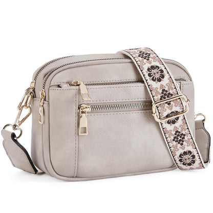 Triple-Zipper Shoulder Bag with Floral Embroidered Straps